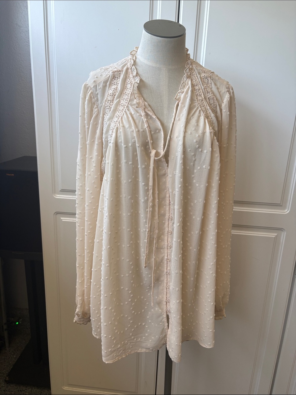 Ces Femme Cream Swiss Dot Peasant Blouse with Tie Neck